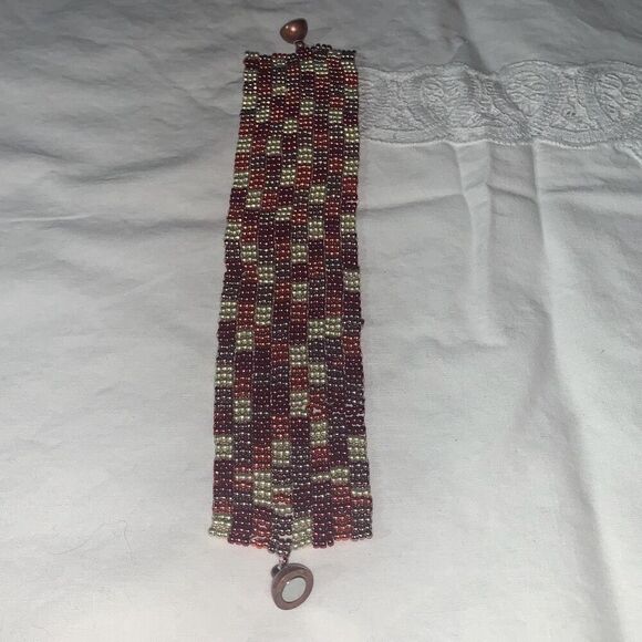 Vintage Handmade Seed Bead Copper Tone Patchwork Bracelet - Picture 5 of 13